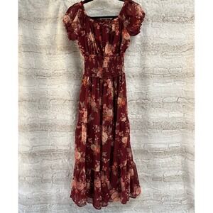 Trixxi Dress Midi‎ Womens Burgandy Floral M Bloomcore Cottagecore Peasant